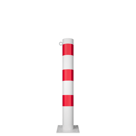 Witte en rode beschermpaal Ø102 mm met voetplaat en 1 kettingoog.