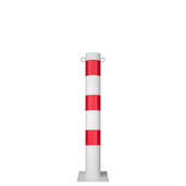 Witte en rode beschermpaal Ø102 mm met voetplaat en twee kettingogen.