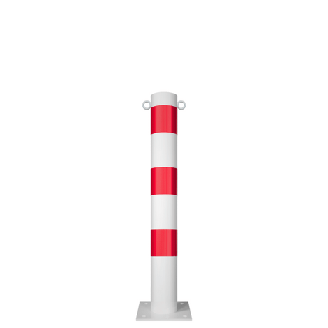Witte en rode beschermpaal Ø102 mm met voetplaat en twee kettingogen.