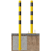 Gele en zwart gestreepte beschermpalen Ø60 mm, één voor betonverankering, de ander met voetplaat.