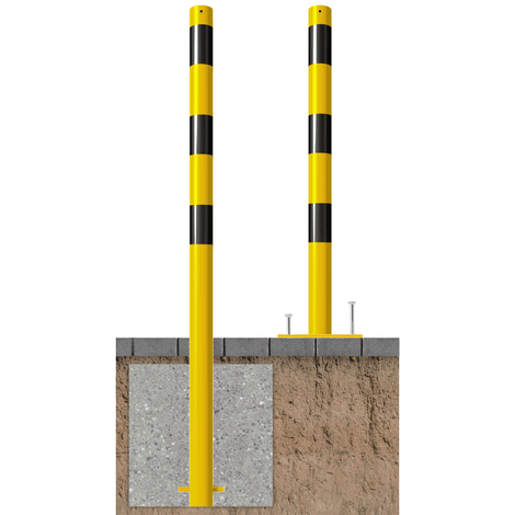 Gele en zwart gestreepte beschermpalen Ø60 mm, één voor betonverankering, de ander met voetplaat.