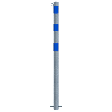 Verzinkt-blauwe beschermpaal Ø60 mm voor betonverankering, met 1 kettingoog en blauwe reflecterende strepen.