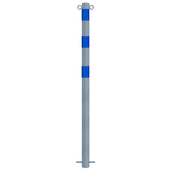 Verzinkt-blauwe beschermpaal Ø60 mm voor betonverankering, met 2 kettingogen en blauwe reflecterende banden.