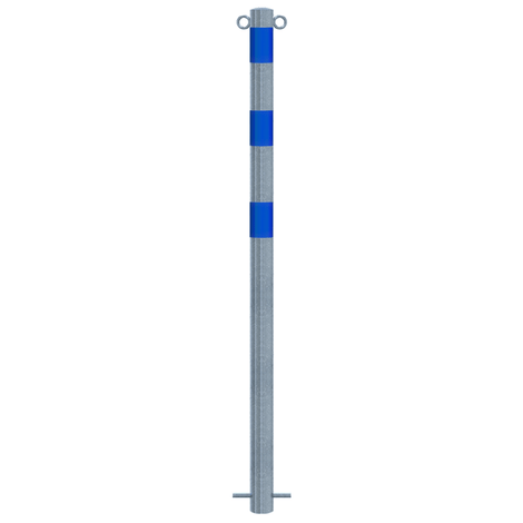 Verzinkt-blauwe beschermpaal Ø60 mm voor betonverankering, met 2 kettingogen en blauwe reflecterende banden.