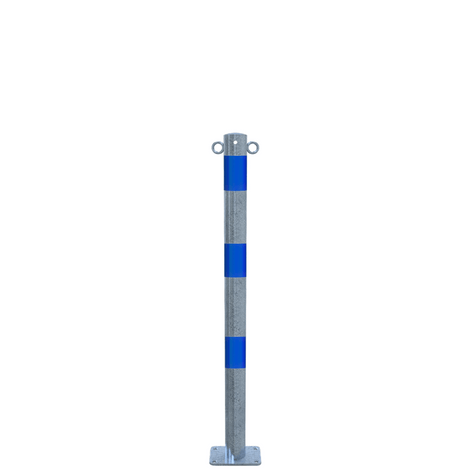 Verzinkt-blauwe beschermpaal Ø60 mm met voetplaat en twee kettingogen.