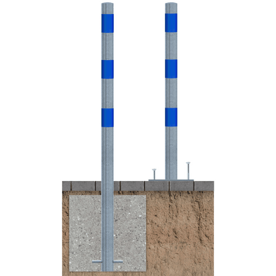 Verzinkt-blauwe beschermpaal Ø60 mm, getoond met betonverankering en op voetplaat.