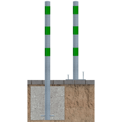 Verzinkt-groene beschermpaal Ø60 mm, één voor betonverankering en één met voetplaat.
