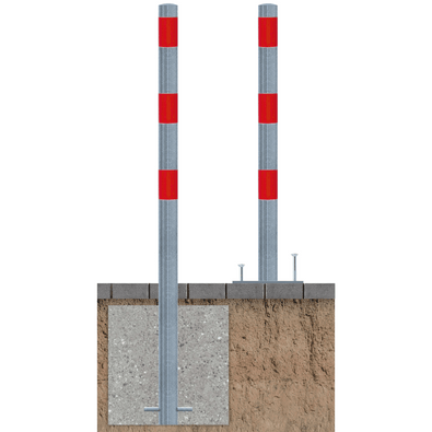 Verzinkt-rode beschermpaal Ø60 mm, getoond met betonverankering en op voetplaat.