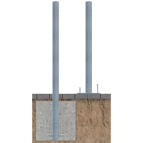 Verzinkt stalen beschermpaal Ø60 mm, getoond met betonverankering en op voetplaat.