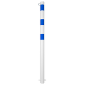 Witte beschermpaal Ø60 mm met blauwe strepen en 1 kettingoog voor betonverankering.