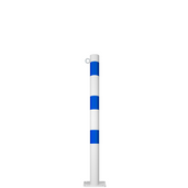 Witte en blauwe beschermpaal Ø60 mm met voetplaat en 1 kettingoog.