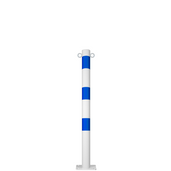 Witte en blauwe beschermpaal Ø60 mm met voetplaat en twee kettingogen.