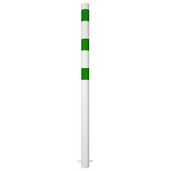 Witte beschermpaal Ø60 mm met drie groene banden, voor betonverankering.