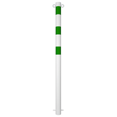Witte beschermpaal Ø60 mm met twee groene banden en twee kettingogen, voor betonverankering.