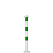 Witte en groene beschermpaal Ø60 mm met voetplaat en twee kettingogen.