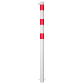 Witte beschermpaal Ø60 mm met rode banden en kettingoog, voor betonverankering.