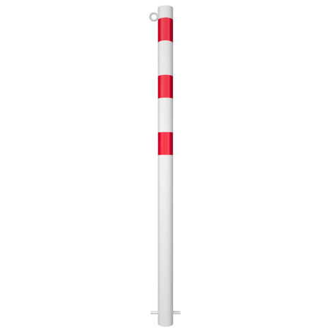 Witte beschermpaal Ø60 mm met rode banden en kettingoog, voor betonverankering.