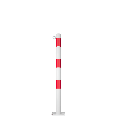 Witte en rode beschermpaal Ø60 mm met voetplaat en 1 kettingoog.