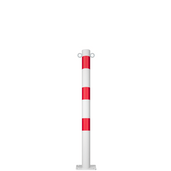 Witte en rode beschermpaal Ø60 mm met voetplaat en twee kettingogen.
