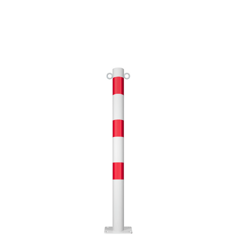 Witte en rode beschermpaal Ø60 mm met voetplaat en twee kettingogen.