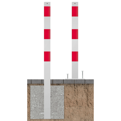 Witte en rode beschermpaal, 70x70 mm, voor betonverankering of op voetplaat, met gronddoorsnede.