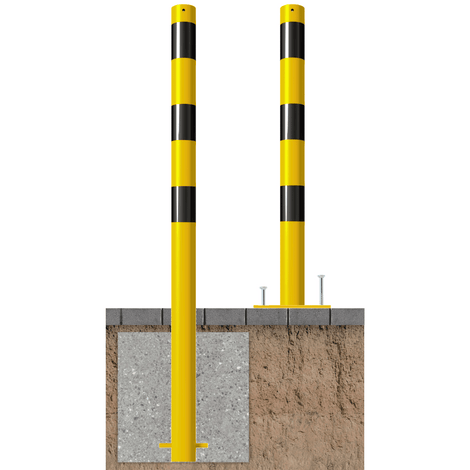 Gele en zwart gestreepte beschermpalen (Ø76 mm) voor betonverankering en op voetplaat.