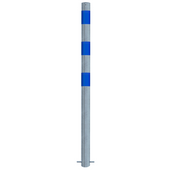 Verzinkt-blauwe beschermpaal Ø76 mm voor betonverankering, met drie blauwe reflecterende banden.