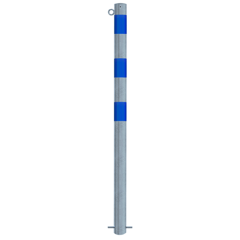 Verzinkt-blauwe beschermpaal Ø76 mm voor betonverankering, met 1 kettingoog en blauwe reflecterende strepen.