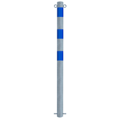 Verzinkt-blauwe beschermpaal Ø76 mm met 2 kettingogen, voor betonverankering.