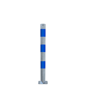 Verzinkt-blauwe beschermpaal Ø76 mm met blauwe strepen, op voetplaat voor oppervlaktebevestiging.