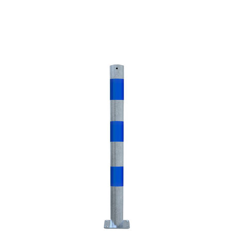 Verzinkt-blauwe beschermpaal Ø76 mm met blauwe strepen, op voetplaat voor oppervlaktebevestiging.