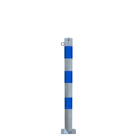 Verzinkt-blauwe beschermpaal Ø76 mm met voetplaat en één kettingoog.