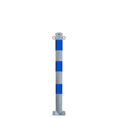 Verzinkt-blauwe beschermpaal Ø76 mm met voetplaat en 2 kettingogen.