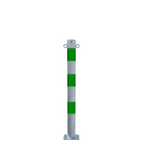 Verzinkt-groene beschermpaal Ø76 mm met voetplaat en twee kettingogen.