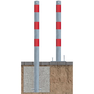 Verzinkt-rode beschermpaal Ø76 mm, getoond met betonverankering en op voetplaat.