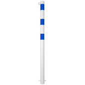 Witte beschermpaal Ø76 mm met blauwe strepen en kettingoog, voor betonverankering.