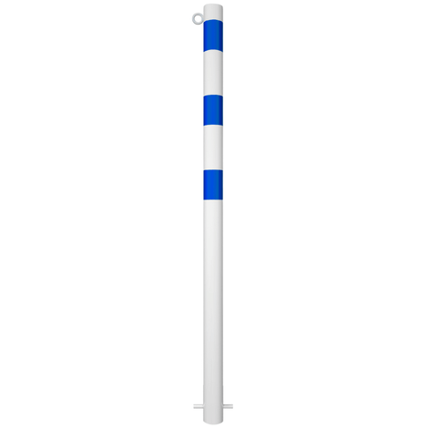 Witte beschermpaal Ø76 mm met blauwe strepen en kettingoog, voor betonverankering.