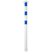 Witte beschermpaal Ø76 mm met blauwe strepen, twee kettingogen, voor betonverankering.