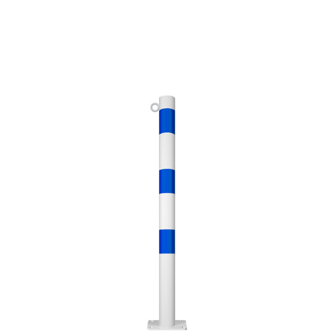 Witte beschermpaal Ø76 mm met blauwe strepen en kettingoog, op voetplaat voor oppervlaktemontage.