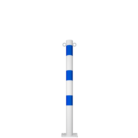 Witte en blauwe beschermpaal Ø76 mm met voetplaat en twee kettingogen.