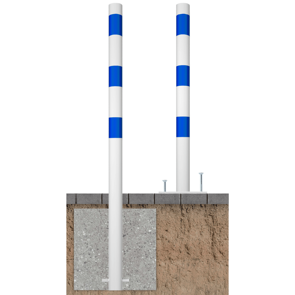 Beschermpaal Ø76 mm wit-blauw voor verankering in beton of met voetplaat