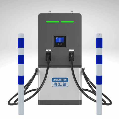 Wit-blauwe beschermpalen Ø76 mm flankeren een grijs-wit EV-laadstation met twee aansluitingen.