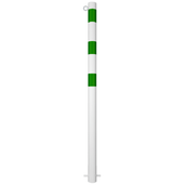 Witte beschermpaal Ø76 mm met groene banden en kettingoog, voor betonverankering.