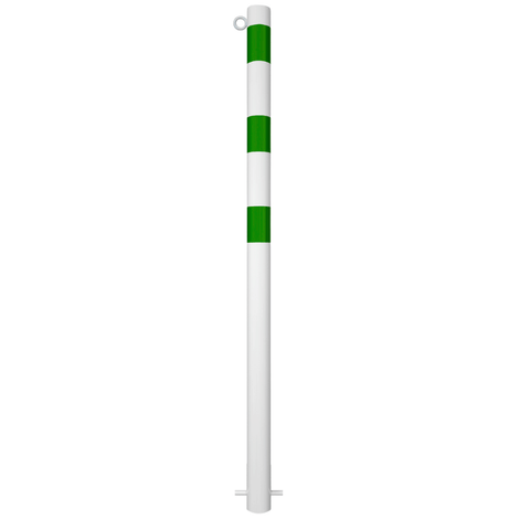 Witte beschermpaal Ø76 mm met groene banden en kettingoog, voor betonverankering.