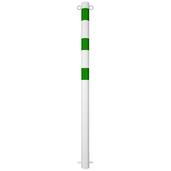 Witte beschermpaal Ø76 mm met groene banden en 2 kettingogen voor betonverankering.