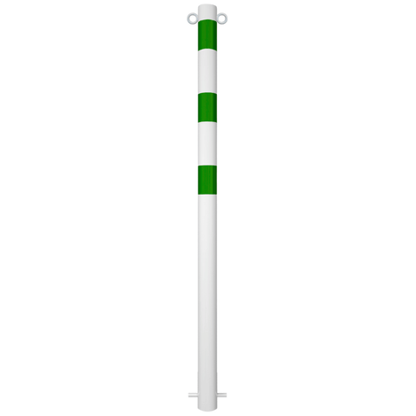 Witte beschermpaal Ø76 mm met groene banden en 2 kettingogen voor betonverankering.
