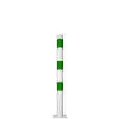 Witte en groene beschermpaal Ø76 mm met voetplaat voor oppervlaktebevestiging.
