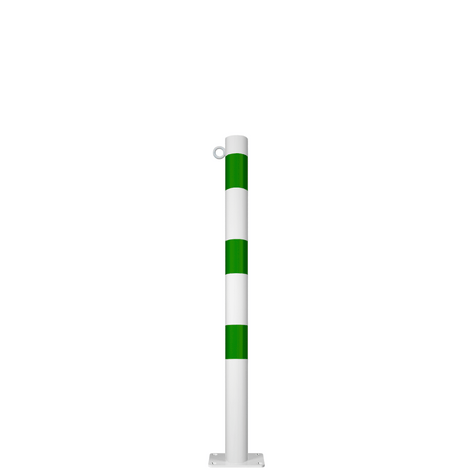 Witte en groene beschermpaal Ø76 mm met voetplaat en 1 kettingoog.