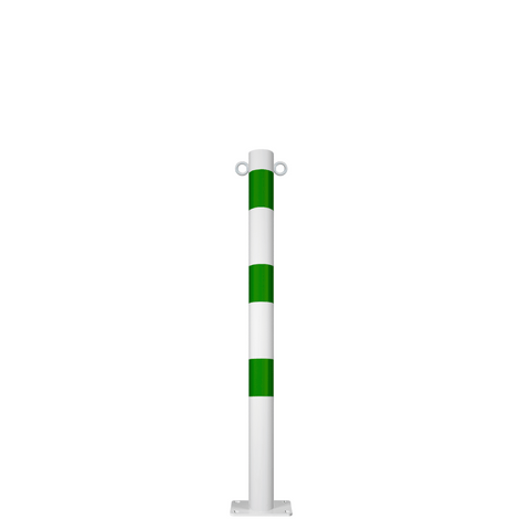 Witte en groene beschermpaal Ø76 mm met voetplaat en twee kettingogen.