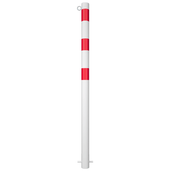 Witte en rood gestreepte beschermpaal Ø76 mm met 1 kettingoog voor betonverankering.